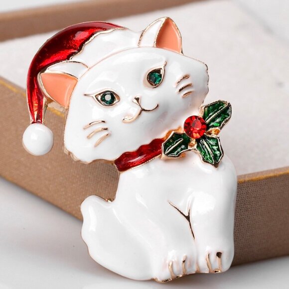 White Cat Christmas Brooch Rhinestone Cat Brooch Pin Holiday Pin Brooch - Picture 1 of 3